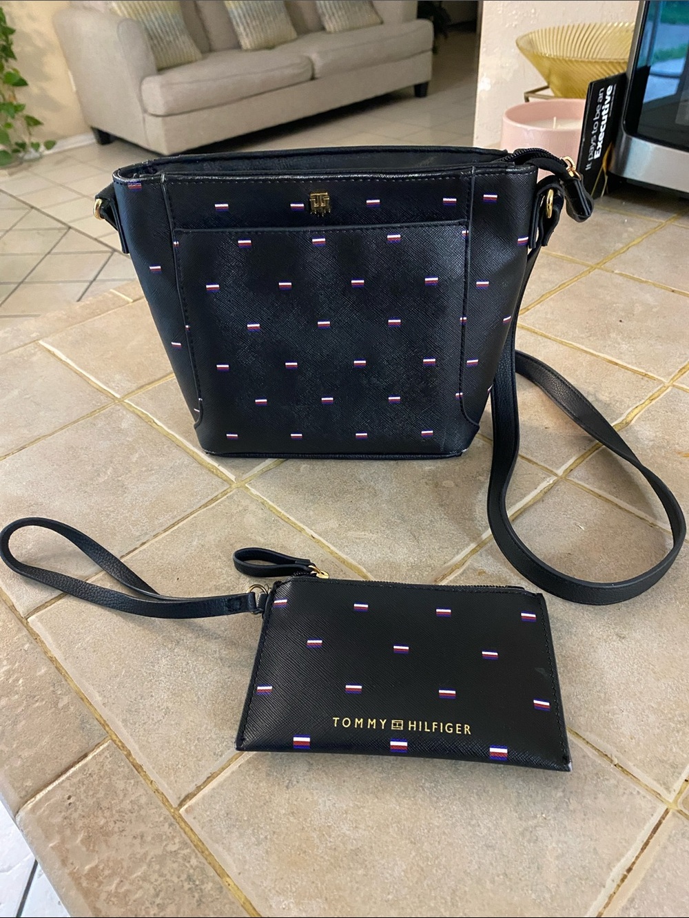 Tommy Hilfiger Black Crossbody Bag with Pink Dot Pattern